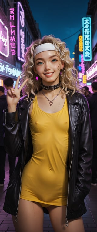 In a vibrant, neon-lit cityscape, a young woman with long, wavy hair and a mischievous grin, stands confidently amidst the urban night. She wears a black vinyl jacket, adorned with chunky chains and a collar of tiny tachuelas. Her white headband is tied around her forehead, holding back her wet locks. A DRONE 26K inscribed yellow tank top clings to her toned physique.

As she proudly holds up her hand in a V sign near her face, two purple hearts are painted on her cheeks, matching the playful tone of her outstretched tongue. Her large, rounded pink earrings bounce with each subtle movement.

The city's towering skyscrapers and bustling streets provide a futuristic backdrop, with neon lights reflecting off the wet pavement. The atmosphere is electric, capturing the carefree essence of this rebellious cyberpunk heroine, standing tall and unapologetic in her freedom and joy.,score_9