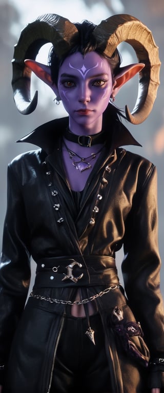 8k, (absurdres, highres, ultra detailed), (1lady), ((best quality)), ((masterpiece)), female warlock tiefling, ((purple skin)), small ears, 2 small black goat horns, black leather_outfit,minsi,sooyaaa