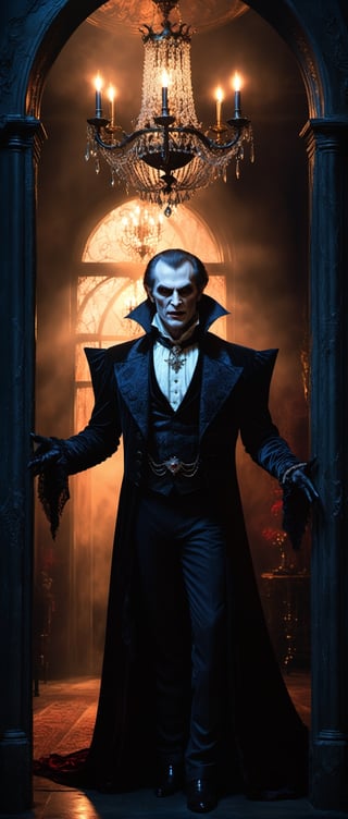 photorealistic, horror art,  close-up vampire lord deceptively welcoming you into his abode, dark, chandeliers, mist