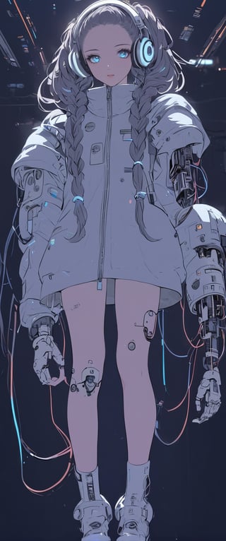 Create a detailed illustration of a young girl in a futuristic, cyberpunk environment. The young woman must have a unique and striking style, with the following characteristics:

Hair:

Bright blue color.
Braided into two long braids that fall in front of her shoulders.
Face:

Delicate and youthful, with large and expressive eyes.
A mark or tattoo in the shape of small stars under one of her eyes.
Outfit:

A loose white or light gray suit, with stitching and zipper details.
The suit should appear functional and designed for technological or exploratory activities.
Equipment:

A large, technological helmet with the inscription "utron
The helmet should have large round headphones on the sides, connected with cables and lights, and an antenna.
One of the young woman's arms must be a robotic prosthesis, with cables, connectors and visible mechanical parts. The robotic hand should have a cracked, luminous sphere.
Background and Environment:

A busy place, such as a convention or technology fair, with people out of focus in the background.
Bright lighting, with neon lights and reflections to add to the futuristic atmosphere.
The image should capture the essence of the cyberpunk style, with a mix of technological and human elements, and an artistic touch reminiscent of comic or manga art.