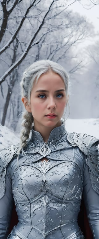 A regal warrior stands tall in a snowy outdoor setting. She's adorned in intricate armor, with twin braids framing her face and a crown resting atop her head. Her white hair flows down her back like a river of snow. Her grey eyes blaze with anger as she gazes directly at the viewer, her medium-sized breasts visible through a cutout in her cape. A sword hangs at her side, its hilt wrapped in brown leather. Her gloves are a deep shade of crimson, matching the color of her pointed ears. A braid extends from each ear, adding to the overall sense of regality. The cold wind whispers secrets as she stands firm, her gaze piercing through the frosty air.,ct-virtual