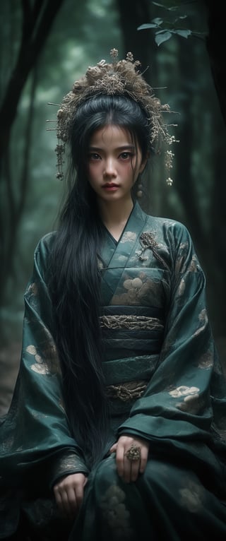 breathtaking RAW photo of female ((Imagen arafed de una mujer con un vestido verde en un bosque., retrato geisha con flequillo, jingna zhang, heise-lian yan fang, Zhang Daqian, inspirado en Li Mei Shu, palacio , una chica en hanfu, retrato de pintura mate, retrato de Sadako del Anillo, retrato de un mago del bosque, inspirado en Zhou Wenjing )), dark and moody style, perfect face, outstretched perfect hands . masterpiece, professional, award-winning, intricate details, ultra high detailed, 64k, dramatic light, volumetric light, dynamic lighting, Epic, splash art .. ), by james jean $, roby dwi antono $, ross tran $. francis bacon $, michal mraz $, adrian ghenie $, petra cortright $, gerhard richter $, takato yamamoto $, ashley wood, tense atmospheric, , , , sooyaaa,IMGFIX,Comic Book-Style,Movie Aesthetic,action shot,photo r3al,bad quality image,oil painting, cinematic moviemaker style,Japan Vibes,H effect,koh_yunjung ,koh_yunjung,kwon-nara,sooyaaa,colorful,bones,skulls,armor,han-hyoju-xl ,DonMn1ghtm4reXL, ct-fujiii
,oiran,furisode,ct-jeniiii