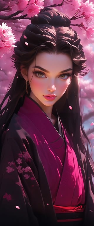 anime Nezuko Kamado Demon Slayer with cherry blossoms pink flower, in the style of spiritualcore, kawacy, 32k uhd, traditional costumes, elaborate kimono, multiple filter effect, post-painterly, loose and fluid, lovely, honeycore 
