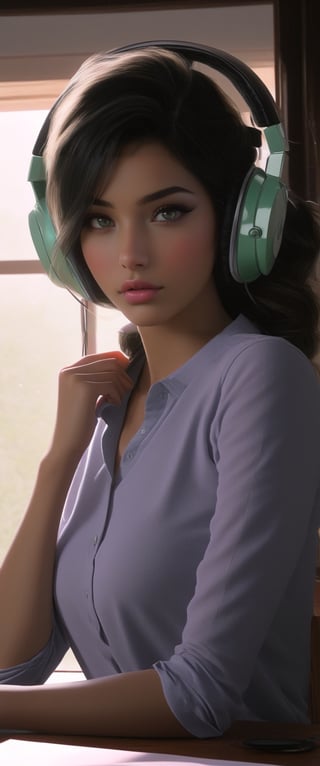 Highly detailed portrait of a girl sitting on a chair in aroom,20yo,alluring neighbor's wife,clear facial features,model body,big headphones,detailed hair,(backdrop: beautiful autumn mountain with rain behind big room window),water drop dripping on the outside of window,laptop on a desk,coffee mug,3 plants in vises,books,fruits,turned on desk stand,(Modern Green,Hazel Brown,Cream color),(perfect hands:1.2),perfect body proportions,
BREAK 
lofi art,anime vibes,wide shot,rule of thirds,studio photo,hyper-realistic,masterpiece, HDR,trending on artstation,8K,Hyper-detailed,intricate details,soft natural volumetric cinematic perfect light,chiaroscuro lighting,soft rim lighting,key light reflecting in the face and eyes,(sagiri:1.2),ani_booster, art_booster,real_booster,H effect,sooyaaa