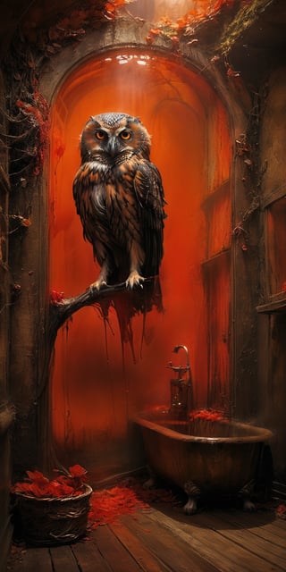 a tormented  ghost taking a bath in the washroom, and an owl watching him through the window in a dark, atmospheric setting,falconry . chiarosaur, element of terror. Dark and moody, with hints of red to emphasize the presence of blood. By renowned artists such as H.R. Giger, Zdzisław Beksiński, and Brom. Resolution: 4k.,sooyaaa,aw0k euphoric style,detailmaster2,DonMn1ghtm4reXL,xxmixgirl,FilmGirl,ghost,transparent,xxmix_girl,rosy