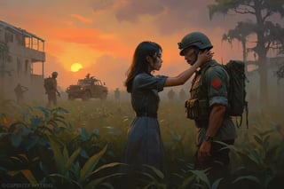 Highly detailed, High Quality, Masterpiece, An illustration, bestquality, best aesthetic, digital painting, ((oil painting)), (close-up upper body:1.5), [: a vietnan war concept art,Vietnamese girl bringing his hand closer to the face in a loving gesture to an american rude soldier ,in an abandoned leafy field with war fog], sunset, raw love scenne, greg rutkowski,DonMn1ghtm4reXL,aw0k euphoric style