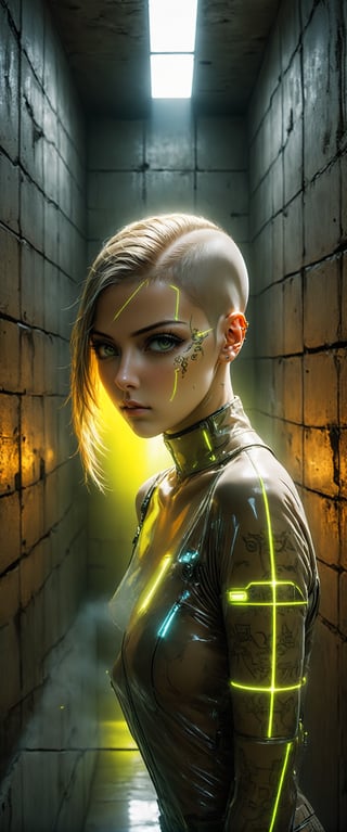 In a dimly lit, cyberpunk jail cell, a raw and edgy woman, 30 years old, with a shaved head  haircut, strikes a bold model pose amidst the stark concrete walls. Her orange-lit cybernanotech face glows with luminous implants, and her skin features a hologram tattoo designed by Mike Mingola (). The air is thick with absurdes tension as she gazes out with an intensity that's both bad and mesmerizing.