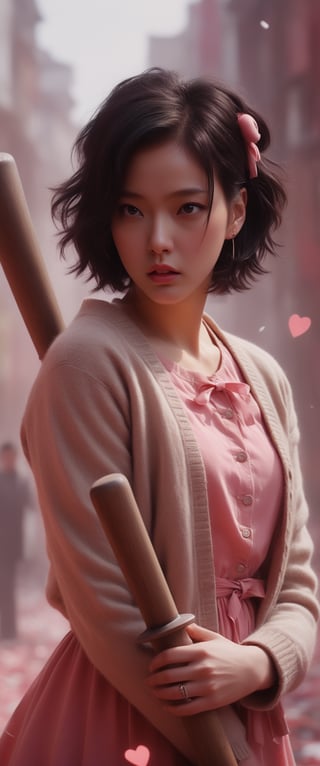 breathtaking ethereal RAW photo of female, ((best quality, 1girl, black hair, hair ornament, hairclip, black eyes, short hair, , beige cardigan, cardigan, pink dress, red ribbon, , angry,holding baseball bat, baseball bat, blushing, looking at viewer, hearts, sparkles, pink background, 5 fingers, perfect hands



 )), dark and moody style, perfect face, outstretched perfect hands. masterpiece, professional, award-winning, intricate details, ultra high detailed, 64k, dramatic light, volumetric light, dynamic lighting, Epic, splash art .. ), by james jean $, roby dwi antono $, ross tran $. francis bacon $, michal mraz $, adrian ghenie $, petra cortright $, gerhard richter $, takato yamamoto $, ashley wood, tense atmospheric, , , , sooyaaa,IMGFIX,Comic Book-Style,Movie Aesthetic,action shot,photo r3al ,bad quality image,oil painting, cinematic moviemaker style,Japan Vibes,H effect,koh_yunjung ,koh_yunjung,kwon-nara,sooyaaa,colorful,bones,skulls,armor,han-hyoju-xl
,DonMn1ghtm4reXL, ct-fujiii,ct-jeniiii, ct-goeuun,mad-cyberspace,FuturEvoLab-mecha,cinematic_grain_of_film,a frame of an animated film of,score_9,3D,style akirafilm,Wellington22A,Mina Tepes,lucia:_plume_(sinful_oath )_(punishing:_g,VAMPL, FANG-L ,kizuki_rei, ct-eujiiin,Jujutsu Kaisen Season 2 Anime Style,ChaHaeInSL,Mavelle,Uguisu Anko,Zenko