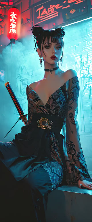 Prompt: In a dimly lit, smoky cyberpunk club, a femme fatale cyborg sits solo, her mechanical joints gleaming in the flickering light. Her striking features, framed by short hair and bangs, are adorned with jewelry and a black choker. she pets a snake that gazes directly at the viewer. She wears a revealing seethrough kimono, paired with Japanese-style earrings, and holds a katana surrounded by the dark, gritty atmosphere. Her gaze is sultry, exuding an air of sexy sophistication, as if inviting the viewer to enter her world. The scene is set in a Conrad Roset-inspired style, with a focus on dark, muted tones and industrial textures.,core_9,scary, (masterpiece:1.2),ct-virtual,dcas_lora
