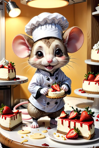 chibi, perfect-composition, Perfect pictorial composition, Creative poster, Cute, (mouse dressed as a chief), (mouse as chef), (Decorating a Really Delicious Cheesecake), (Cream cheese cake with strawberries), (messy table), (There are pieces of cheese scattered around.), (Best Quality:1.2), (Ultra-detailed), (Photorealistic:1.37), (HDR), (Vivid colors), (portrait of a), (Warm and bright color tones), (Soft diffuse lighting)