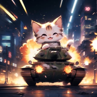 anime, masterpiece, best quality, absurdres, highres, ultra detailed, cat on a tank, tank in a motion, (motion blur, motion lines:1.4), (kawaii:1.3), (anime:1.4), cute, round eyes, cat wears sunglasses and a military cap, city, (explosion:1.2),cat