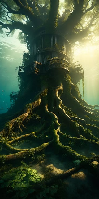 (Extremely detailed CG unity 8k wallpaper),(((Masterpiece))), (((Best Quality))), ((Ultra-detailed)), (Best Illustration),(best shadows), ((an extremely delicate and beautiful)),Masterpiece, best quality, 8K, high res, ultra-detailed,  A profound fantasy art of an underwater scene with a giant tree architecture made of ancient machinery that has its roots on the deep sea floor shrouded in darkness. A gigantic tree made from ancient machinery, with many small lights shining on its branches and leaves in the darkness. A group of mechanical ruins from a long-lost civilization that exudes eeriness, broken mechanical tower ruins, shattered remains of an unknown reactor, and a broken mechanical wall with weathered marks. A gigantic tree made from ancient machinery still continues to shine with the memories of those days as a beacon of hope, waiting for the time when it will one day fulfill its true role.