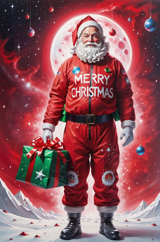 ("Merry Christmas" text logo: 1.3), Origami, dripping paint, ((Santa wearing red space-suits holding bags of presents)) venturing into outer space to deliver presents to Aliens, full body portrait, wide scale lens, Text, aw0k magnstyle, ((Masterpiece))), Best Quality, light red painting, starry skies, (White background: 1.1), detailmaster2,Movie Still