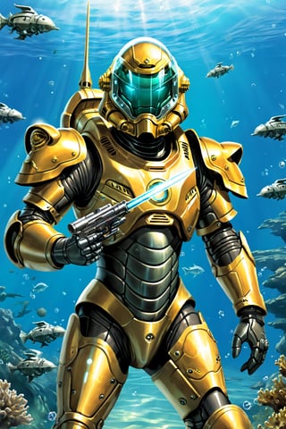 1boy, solo, adult, male, armored space warrior, ((scifi armor), hardsuit, diving suit, power armor), ((glass helmet), transparent, face visible), perfect hands, armored gloves, holding weapon, futuristic spear gun, trigger discipline, cowboy shot, underwater scene