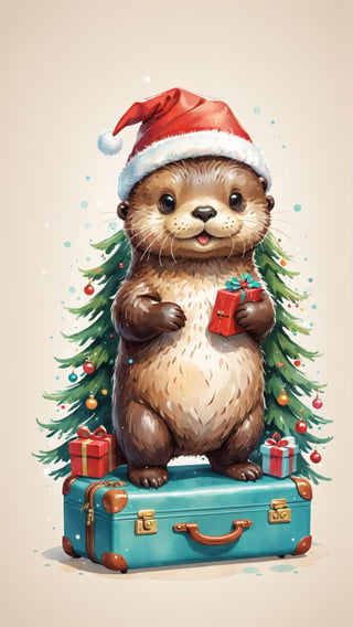 A detailed illustration of a print of a cute sea otter standing under Christmas tree and it wear Santa hat pulling worn suitcase, Christmas theme, hyper realistic high quality, t-shit desing graphic, vector, carton, contour, fantasy swirls splash, modern t-shirt design, in the style of Studio Ghibli, light white red and green pastel tetradic colors, 3D vector art, cute and quirky, fantasy art, watercolor effect, bokeh, Adobe Illustrator, hand-drawn, digital painting, low-poly, soft lighting, bird's-eye view, isometric style, retro aesthetic, focusedon the character, 4K resolution, photorealistic rendering, usingCinema 4D,