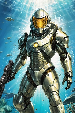 1boy, solo, adult, male, armored space warrior, ((scifi armor), hardsuit, diving suit, power armor), ((glass helmet), transparent, face visible), perfect hands, armored gloves, holding weapon, futuristic spear gun, trigger discipline, cowboy shot, underwater scene