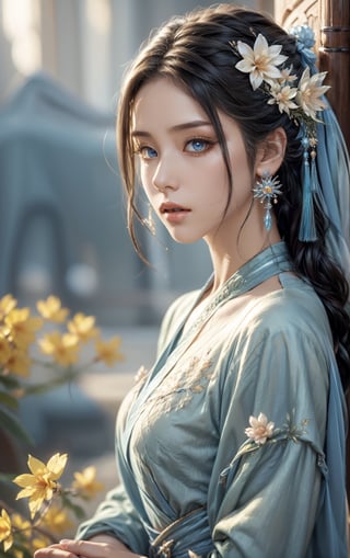 Highly qualified 8K style, HD, vibrant colors, 1girl, masterpiece, sharp focus, best quality, depth of field, cinematic lighting, {fantasy theme, Chinese style},1girl, long hair, white hair, blue eyes, masterpiece, best quality,chinese clothes, hanfu, long sleeves, blue dress, hair flower, blue flower,leonardo,REALISTIC