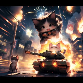 anime, masterpiece, best quality, absurdres, highres, ultra detailed, cat on a tank, tank in a motion, (motion blur, motion lines:1.4), (kawaii:1.3), (anime:1.4), cute, round eyes, cat wears sunglasses and a military cap, city, (explosion:1.2),cat