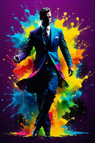 high quality, 8K Ultra HD, Silhouette of a posed gentleman, dynamic pose, profile,Ink splash,Bold colors,dynamically,colorful,An abstract painting that looks like a person if you look closely,works of art,mysterious,design the colors bright,acidzlime