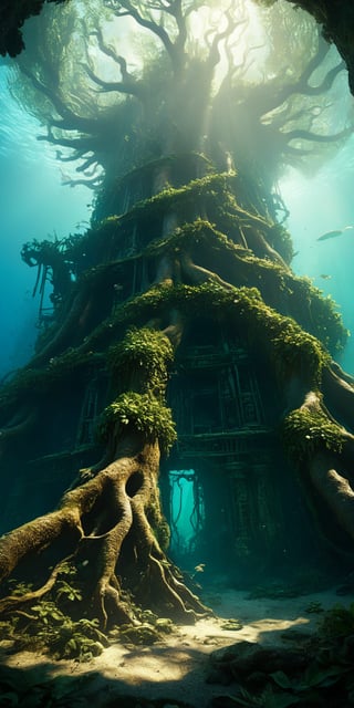 (Extremely detailed CG unity 8k wallpaper),(((Masterpiece))), (((Best Quality))), ((Ultra-detailed)), (Best Illustration),(best shadows), ((an extremely delicate and beautiful)),Masterpiece, best quality, 8K, high res, ultra-detailed,  A profound fantasy art of an underwater scene with a giant tree architecture made of ancient machinery that has its roots on the deep sea floor shrouded in darkness. A gigantic tree made from ancient machinery, with many small lights shining on its branches and leaves in the darkness. A group of mechanical ruins from a long-lost civilization that exudes eeriness, broken mechanical tower ruins, shattered remains of an unknown reactor, and a broken mechanical wall with weathered marks. A gigantic tree made from ancient machinery still continues to shine with the memories of those days as a beacon of hope, waiting for the time when it will one day fulfill its true role.