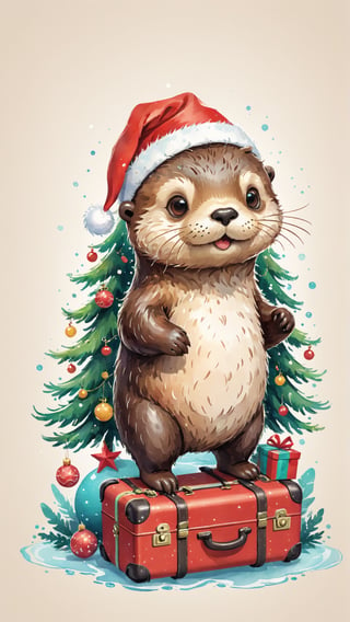 A detailed illustration of a print of a cute sea otter standing under Christmas tree and it wear Santa hat pulling worn suitcase, Christmas theme, hyper realistic high quality, t-shit desing graphic, vector, carton, contour, fantasy swirls splash, modern t-shirt design, in the style of Studio Ghibli, light white red and green pastel tetradic colors, 3D vector art, cute and quirky, fantasy art, watercolor effect, bokeh, Adobe Illustrator, hand-drawn, digital painting, low-poly, soft lighting, bird's-eye view, isometric style, retro aesthetic, focusedon the character, 4K resolution, photorealistic rendering, usingCinema 4D,