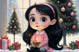 Realism, a painting, fairy tale fantasy style, Christmas Style, John Tolkien Style, Small painting by Jean-Baptiste Monge, soft facial features, cute little girl, sitting on a chair with loose black hair near the Christmas tree, soft facial features, wearing slacks, wearing a sweater, With light makeup, dark pink lips, "pearly" Lip shape, "curved eyebrows in the shape of Engriberts, light gray eyes, eyes with heavy eyelids, perfect hand, very clear, flawless, five fingers, long black wavy hair, in a knitted sweater, in black pants, Mischievous character, Christmas tree, Gifts, Jean-Baptiste Monge, anthropomorphic,