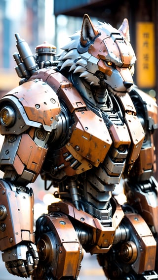 A huge mech in the shape of a huge wolf king, perfect eyes, wearing a worn-out mech suit, ((shallow bokeh)), complex, (steel metal [rust]), elegant, sharp focus, soft lighting, bright colors, masterpiece, (street)), cowboy shot, dynamic pose, DieselPunkAI