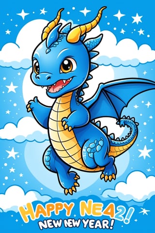 chibi, perfect-composition, Perfect pictorial composition, New Year theme, Hand-drawn simple illustration of a cute Blue Dragon soaring into sky, vector, full frame, out-zoom, Generate a banner with the text “Happy New Year 2024”,text logo,Text