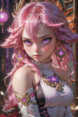 (masterpiece, finely detailed beautiful eyes: 1.2), (illustration:1.2), 1girl, solo, (yae miko:1.4), yae miko, hair ornament, pink hair, purple eyes, japanese clothes, sideboob, detached sleeves, wide sleeves, jewelry, earrings, bare shoulders thighs, volumetric lighting, hyper detailed, highly detailed, beautiful, small details, ultra detailed, best quality, intricate, sharp, digital illustration, detailed, realism, intricate, 4k, 8k, trending on artstation, good anatomy, beautiful lighting, award-winning, highres, (extremely detailed CG, unity, 8k wallpaper:1.1), beautiful face, highly detailed face, zoomout, colorful, vibrant colors, nail polish, (glow:1.4) yae miko