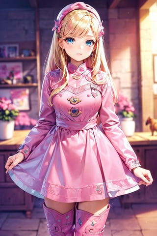 (masterpiece,best quality:1.2), 1girl, blonde hair, middle length hair, blight blue eyes, (((wearing a detailed pink cowboy outfit and matching boots:1.5))), pink sparkles, sprinkles, barbie pink color theme, barbie dolls farm house and ranch background, depth of field, horses in the background,barbie