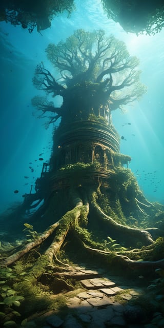 (Extremely detailed CG unity 8k wallpaper),(((Masterpiece))), (((Best Quality))), ((Ultra-detailed)), (Best Illustration),(best shadows), ((an extremely delicate and beautiful)),Masterpiece, best quality, 8K, high res, ultra-detailed,  A profound fantasy art of an underwater scene with a giant tree architecture made of ancient machinery that has its roots on the deep sea floor shrouded in darkness. A gigantic tree made from ancient machinery, with many small lights shining on its branches and leaves in the darkness. A group of mechanical ruins from a long-lost civilization that exudes eeriness, broken mechanical tower ruins, shattered remains of an unknown reactor, and a broken mechanical wall with weathered marks. A gigantic tree made from ancient machinery still continues to shine with the memories of those days as a beacon of hope, waiting for the time when it will one day fulfill its true role.