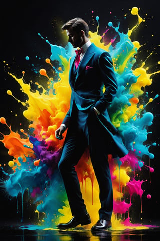 high quality, 8K Ultra HD, Silhouette of a posed gentleman, dynamic pose, profile,Ink splash,Bold colors,dynamically,colorful,An abstract painting that looks like a person if you look closely,works of art,mysterious,design the colors bright,acidzlime