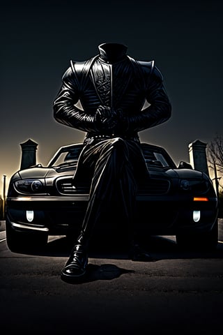 headless horseman, in shining black armor, headless, empty head, headless, driving a black convertible vehicle in a cemetery, empty head, invisible head, empty head, invisible head, black shiny armor has hands and feets, headless horseman in a black shiny armor driving black convertible vehicle in a dark cemetery,More Detail,DisembodiedHead