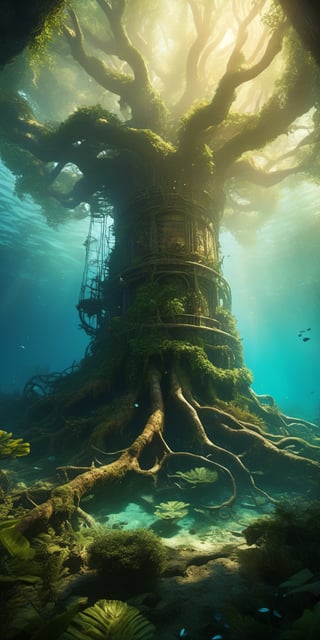 (Extremely detailed CG unity 8k wallpaper),(((Masterpiece))), (((Best Quality))), ((Ultra-detailed)), (Best Illustration),(best shadows), ((an extremely delicate and beautiful)),Masterpiece, best quality, 8K, high res, ultra-detailed,  A profound fantasy art of an underwater scene with a giant tree architecture made of ancient machinery that has its roots on the deep sea floor shrouded in darkness. A gigantic tree made from ancient machinery, with many small lights shining on its branches and leaves in the darkness. A group of mechanical ruins from a long-lost civilization that exudes eeriness, broken mechanical tower ruins, shattered remains of an unknown reactor, and a broken mechanical wall with weathered marks. A gigantic tree made from ancient machinery still continues to shine with the memories of those days as a beacon of hope, waiting for the time when it will one day fulfill its true role.