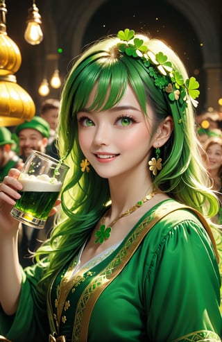 (best quality:1.3),(best masterpiece:1.3),super fine illustration,vibrant colors,official art,8k wallpaper,dynamic depiction,dynamic angle,dynamic pose,depth of field,cinematic lighting,social gatherings, festive occasions, lively atmosphere, shared laughter, dancing, and fun, memorable celebrations,(St. Patrick's Day and green theme:1.3),absurdres extremely detailed CG,high resolution,
BREAK 
The light from an unknown source illuminates the whole image, creating a festive and positive mood. 
BREAK 
delicate facial features, extremely detailed fine touch,oil paint 