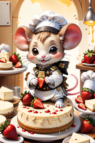 chibi, perfect-composition, Perfect pictorial composition, Creative poster, Cute, (mouse dressed as a chief), (mouse as chef), (Decorating a Really Delicious Cheesecake), (Cream cheese cake with strawberries), (messy table), (There are pieces of cheese scattered around.), (Best Quality:1.2), (Ultra-detailed), (Photorealistic:1.37), (HDR), (Vivid colors), (portrait of a), (Warm and bright color tones), (Soft diffuse lighting)