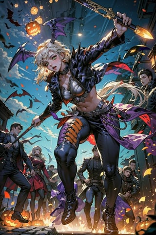 1 woman vs many men, (high quality:1.2), cinematic lighting, extremely detailed, 1 Nailkaiser, dark-skinned female, dark skin, white hair, long hair, head wings, white lipstick, makeup, green eyes, jewelry, earrings, cropped jacket, armor, fangs, men running toward her, ((angled shot)), ((men ambushing Nailkaiser, surrounding Nailkaiser)), men holding pitchforks, men holding torches, in Medieval town, ((men attacking Nailkaiser)), pumpkins on the ground, ((Halloween theme)), (((full body shot, best detail, 16k, best quality, high resolution, ultra detailed, masterpiece, skin covered, visually stunning, clear image))), safe for work, sfw, cinematic, bats, 1Nailkaiser, men, more detail,fangs,midjourney,Nailkaiser