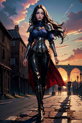 ((one girl)), ((detailed eyes)), dark blue eyes, long hair, A beautiful girl is on the road, 22 years old, masterpiece, highest quality, High contrast, black leather armor, black pants, big boots, big breasts, full body view, fit body, (high quality :1.5), black hair, perplexed, Tall body, vulnerable, mature face, outdoors, (((medieval era, village))), mature face, ((high resolution)), ((sunset in the back)), ((bridge)),yaemikodef