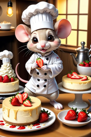 chibi, perfect-composition, Perfect pictorial composition, Creative poster, Cute, (mouse dressed as a chief), (mouse as chef), (Decorating a Really Delicious Cheesecake), (Cream cheese cake with strawberries), (messy table), (There are pieces of cheese scattered around.), (Best Quality:1.2), (Ultra-detailed), (Photorealistic:1.37), (HDR), (Vivid colors), (portrait of a), (Warm and bright color tones), (Soft diffuse lighting),food ,niji style