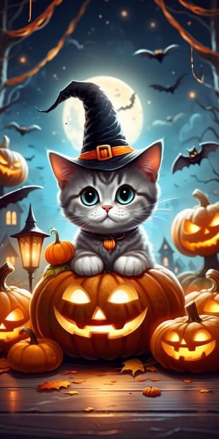 Cute Short-tailed British shorthair cat with witch hat, big eyes, pumpkins, halloween, bat, (Best Quality, 4k, high resolution, Masterpiece:1.2), Ultra-detailed, (realisitic:1.3), vibrant colors, studio lit, Bokeh, Illustration, Spooky atmosphere, Craft an irresistibly cute Halloween-themed. Request vibrant colors, charming details, and a whimsical Halloween background that enhances the cuteness. Aim for a visually delightful composition capturing the adorableness of this little cat on a Halloween adventure