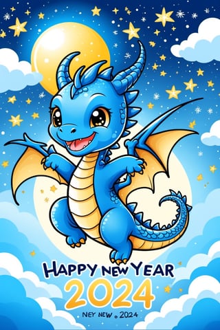 chibi, perfect-composition, Perfect pictorial composition, New Year theme, Hand-drawn simple illustration of a cute Blue Dragon soaring into sky, vector, full frame, out-zoom, Generate a banner with the text “Happy New Year 2024”,text logo,Text