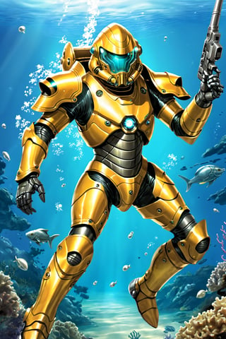 1boy, solo, adult, male, armored space warrior, ((scifi armor), hardsuit, diving suit, power armor), ((glass helmet), transparent, face visible), perfect hands, armored gloves, holding weapon, futuristic spear gun, trigger discipline, cowboy shot, underwater scene