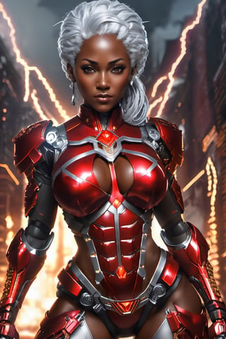 X-men Storm,  (Black female),(African),dark skin) (silver hair),UHD,  super detailed,  muscular physique, hands waist high glowing with electric bolts, perfect muscular body,  full_body,  battle_stance,((wearing red steel black and gold body armor))  
cyberpunk,SteelHeartQuiron character,elina,lun4,photo r3al