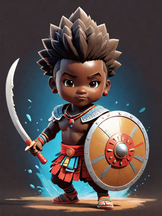 1boy, african boy, walking, holding blade and shield ,AI_Misaki,3d figure,zulu style,tshirt design, zulu ink drawing