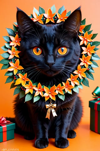 a all black cat with deep orange eyes wearing Christmas wreath,Apoloniasxmasbox,xxmix_girl