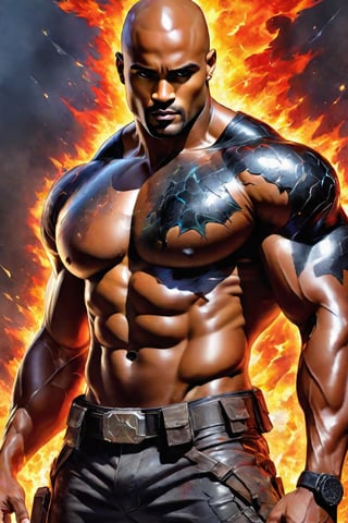 Glass crack and electrical sparking black fire colourfull very beautiful mixture of the rock and boris kodjoe, body artist in painting work, no facial hair, small vertical scar in the top middle of the forhead, ideal body proportion,very muscular, super  human anatomy, 