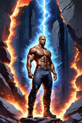 Glass crack and electrical sparking black fire colourfull very beautiful mixture of the rock and boris kodjoe,  full body artist in painting work, ideal body proportion,very muscular, super  human anatomy, 