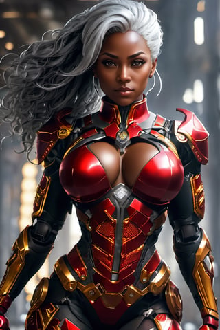 X-men Storm,  (Black female),(African),dark skin) (silver hair),UHD,  super detailed,  muscular physique, hands waist high glowing with electric bolts, perfect muscular body,  full_body,  battle_stance,((wearing red steel black and gold body armor))  
cyberpunk,SteelHeartQuiron character,elina,lun4,photo r3al