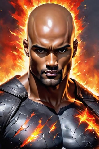 Glass crack and electrical sparking black fire colourfull very beautiful mixture of the rock and boris kodjoe, body artist in painting work, no facial hair, small vertical scar in the top middle of the forhead, ideal body proportion,very muscular, super  human anatomy, 