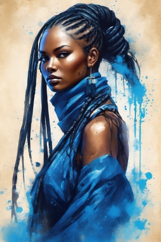 illustration, paint on old parchment paper, woman ninja, (((stunningly beautiful african woman))), long black and blue dreadlocks. 25 years old. Eyes, blue_eyes, serious and caring face, cute. Perfect lips, in the rain, wet skin. sword, xxmix_girl, detailed eyes, pretty face, wide nose, slim eyes, athletic body, toned body, nice legs, toned legs, large breast, full body, cinematic lighting from behind, blue neon dust, blue neon glow, black ninja clothes with blue accent. futuristic hi-tech outfit, long purple neck scarf, dynamic pose, action, from below,ink scenery, black and blue colors only, pen and brush stroke, action_lines, motion_lines